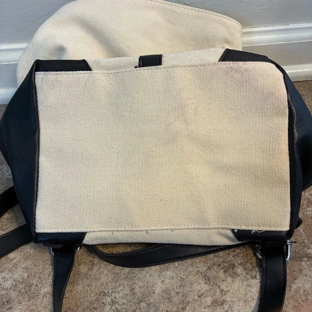 Deux Lux Backpack Canvas Backpack Beige White Black Leather Diaper Bag Flap